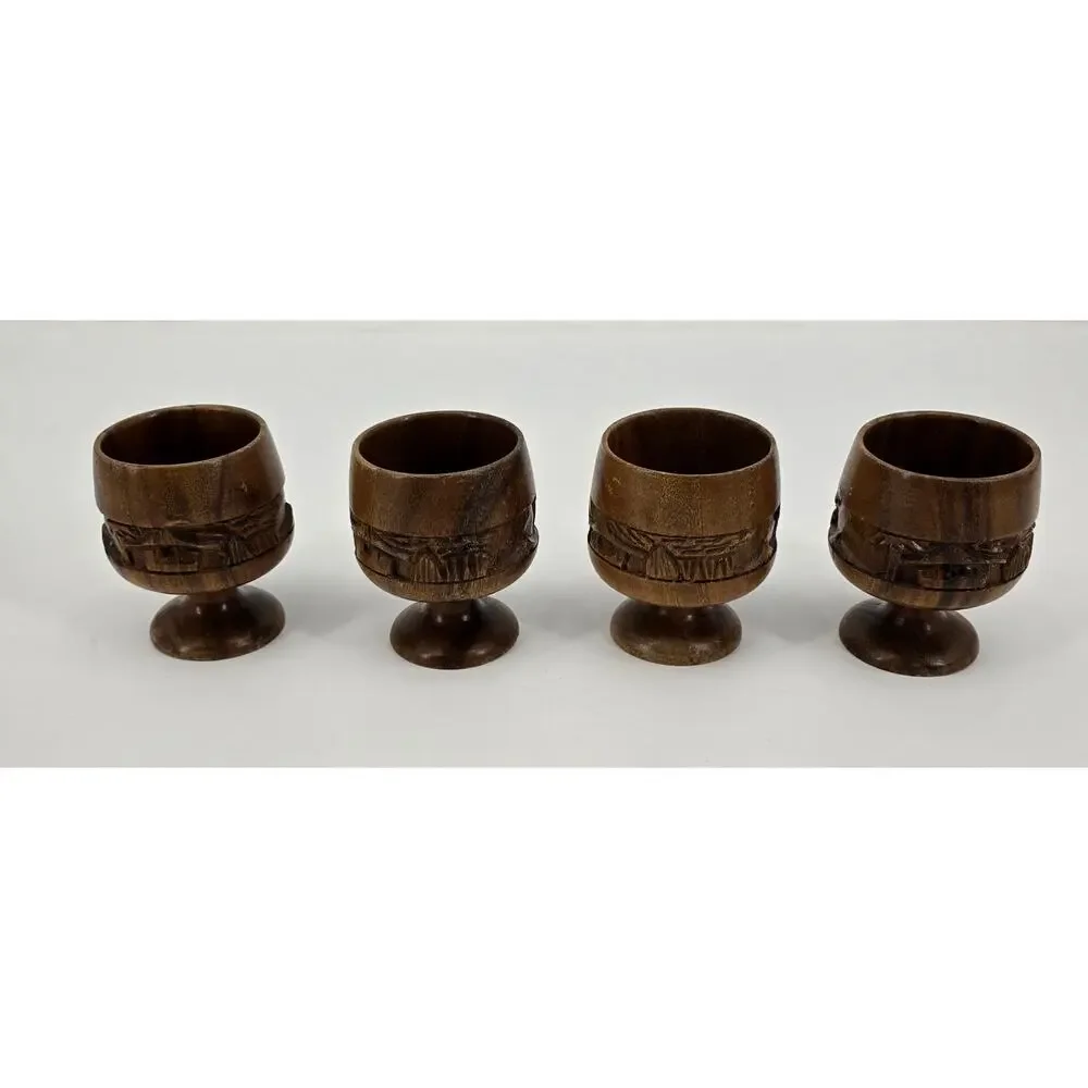 Vintage‎ Hand-Carved Wooden Tiki Bar Aloha Goblets – Set of 4